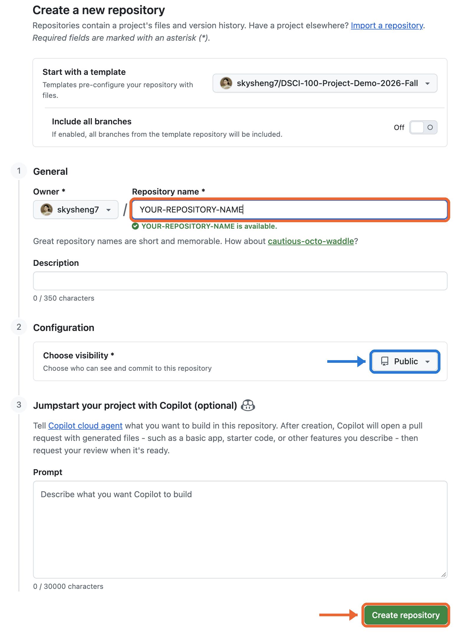 The Create a new repository form, with the name box, the Public setting and the Create repository button highlighted.