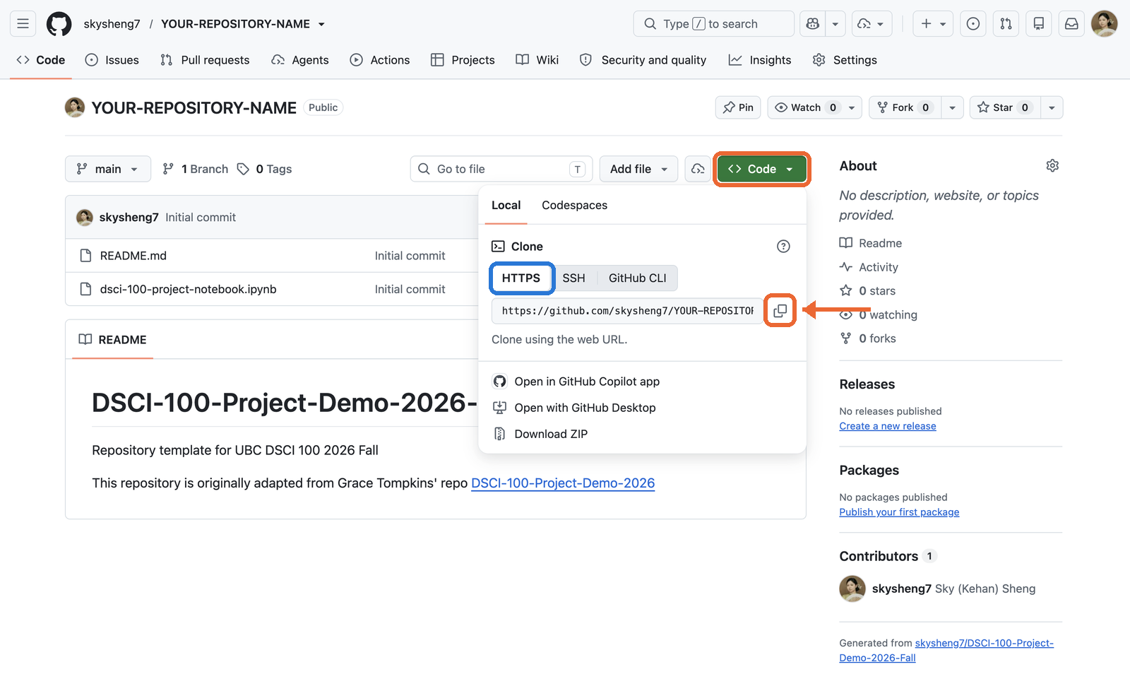 The new repository on GitHub, with the Code button, the HTTPS tab and the copy icon highlighted.