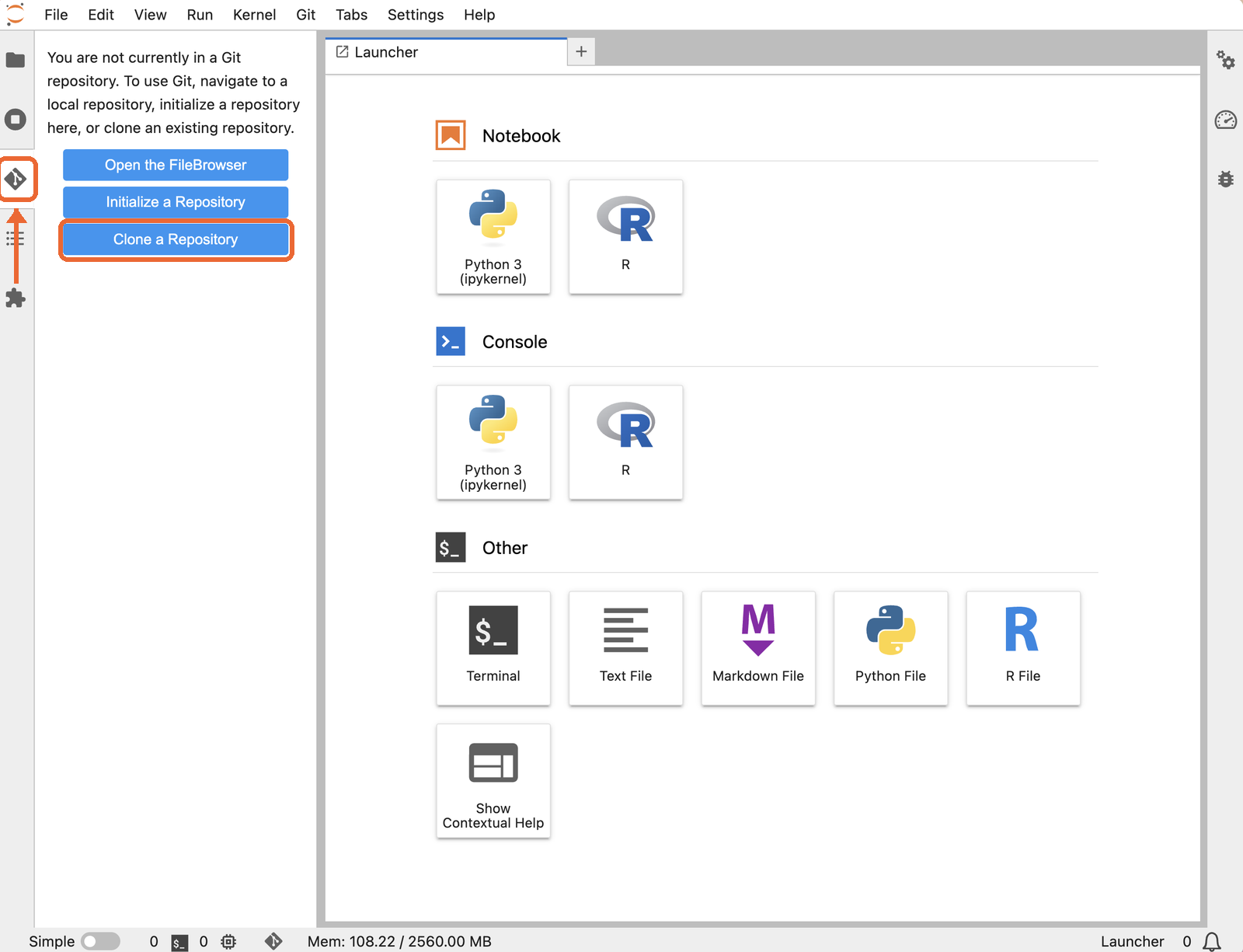 JupyterHub with the Git icon on the left and the Clone a Repository button highlighted.