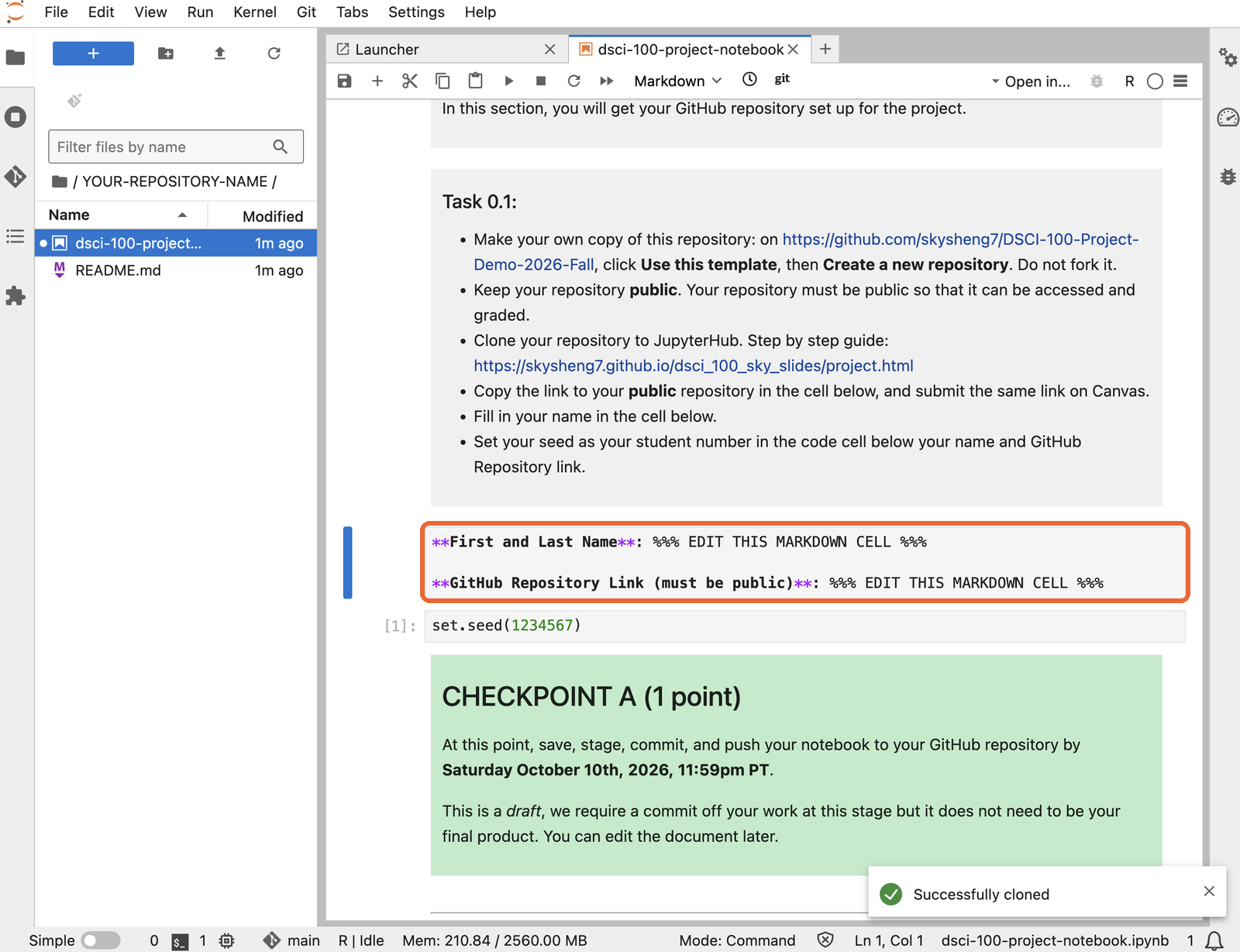 The project notebook at Part 0, with the cell for name and repository link highlighted.