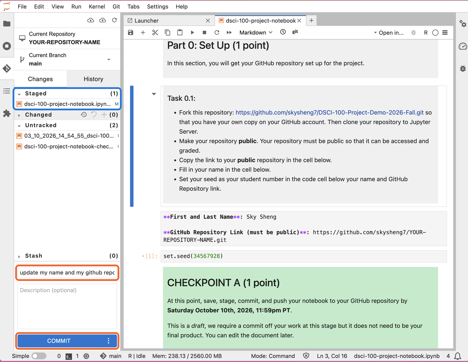 The Git tab with the notebook under Staged, a commit message typed in the summary box, and the Commit button highlighted.