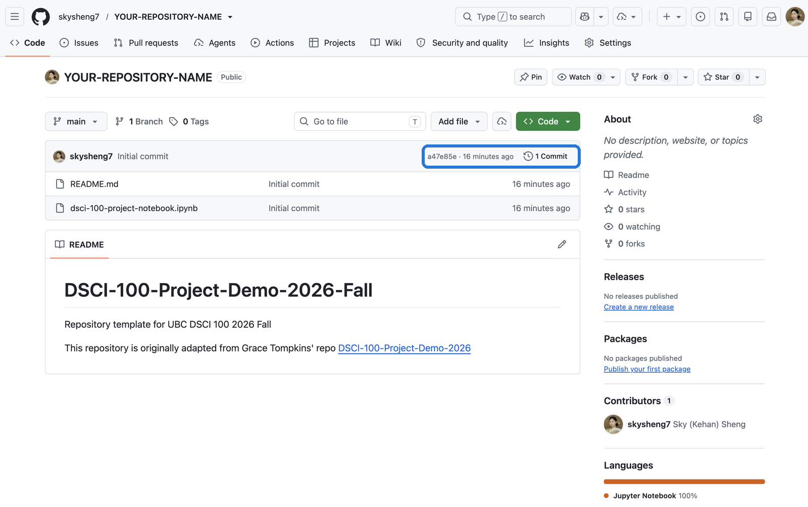 The repository on GitHub still showing one commit, the Initial commit.