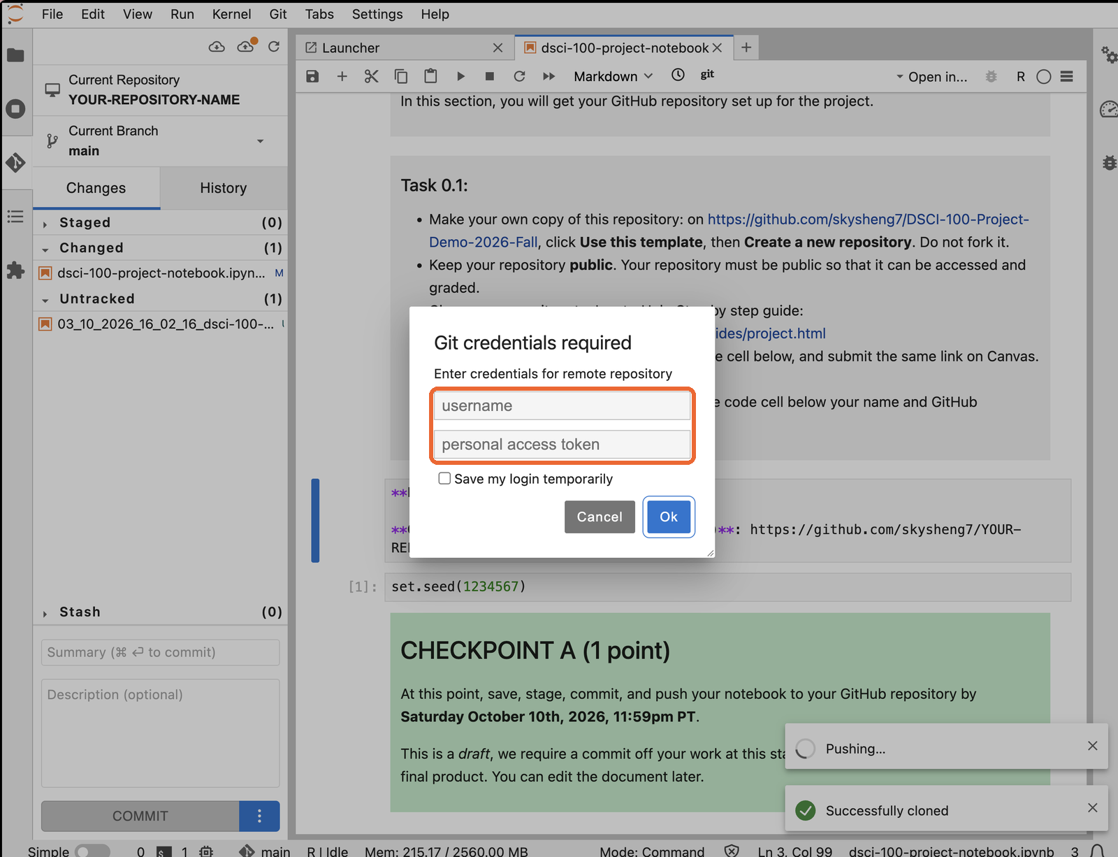 The Git credentials required window, asking for a username and a personal access token.