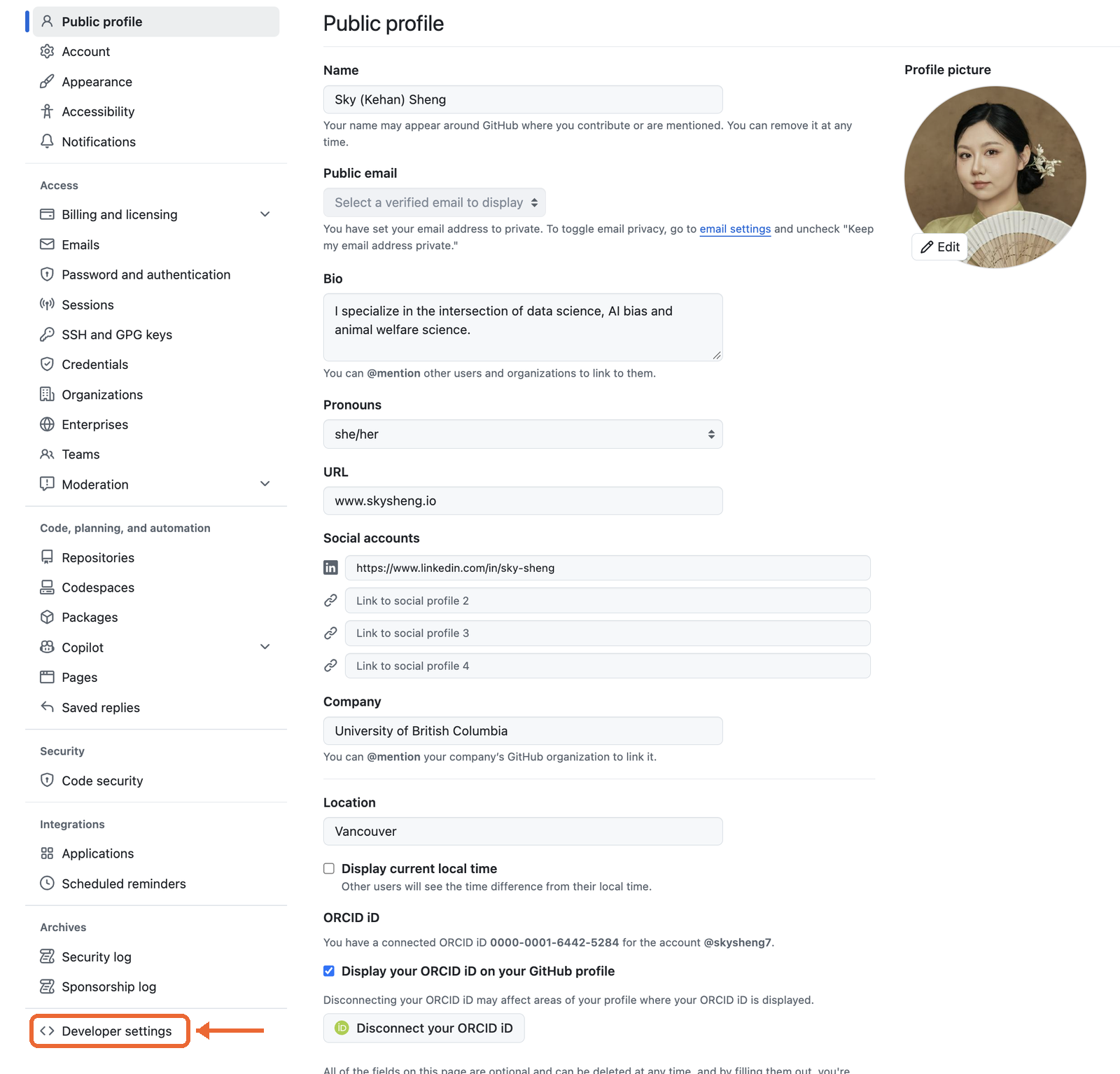 GitHub's settings page, with Developer settings highlighted at the bottom of the left menu.