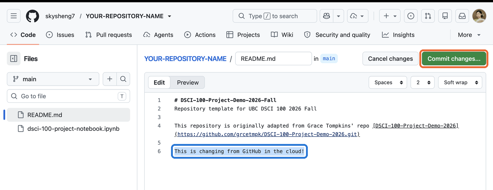 The README open for editing on GitHub, with a new sentence and the Commit changes button highlighted.