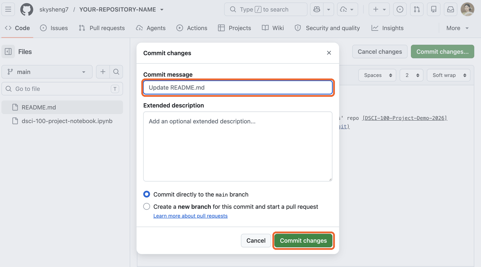 The Commit changes window on GitHub, with the message box and the Commit changes button highlighted.