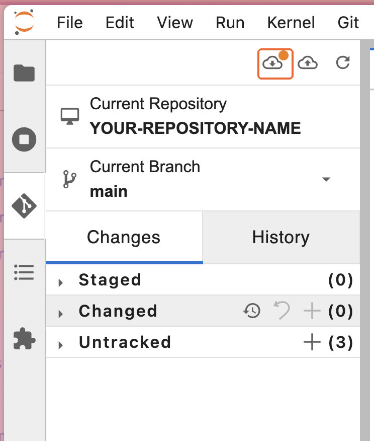 The Git tab in JupyterHub, with the pull button highlighted and an orange dot on it.