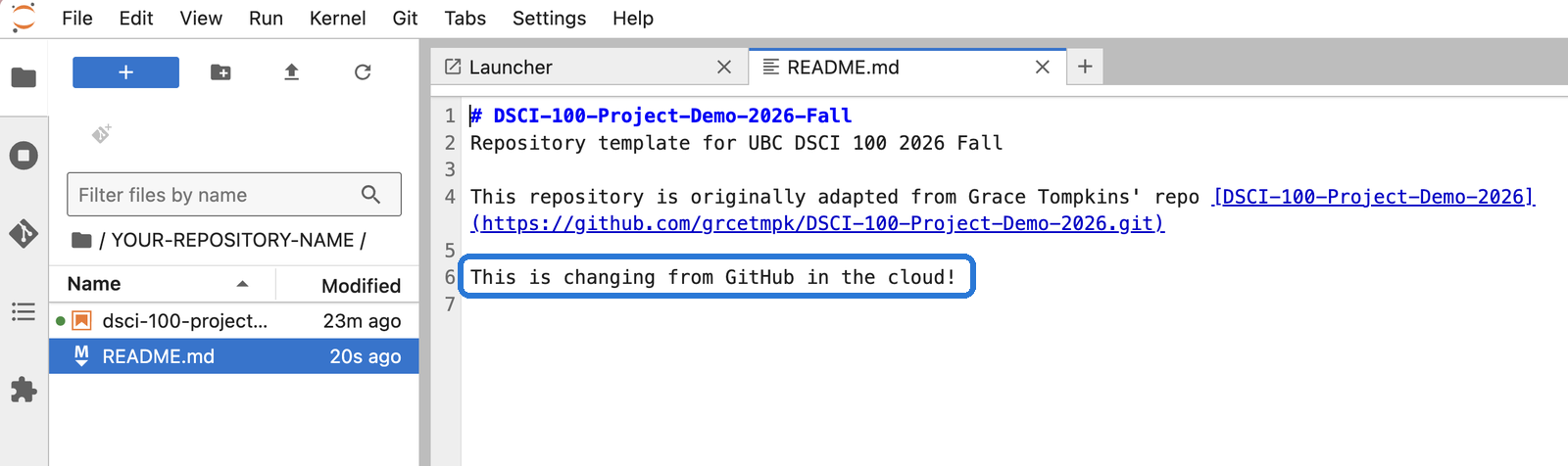 README.md in JupyterHub, now with the new sentence from GitHub.