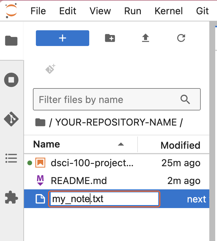 A new file in the repository folder being renamed to my_note.txt.