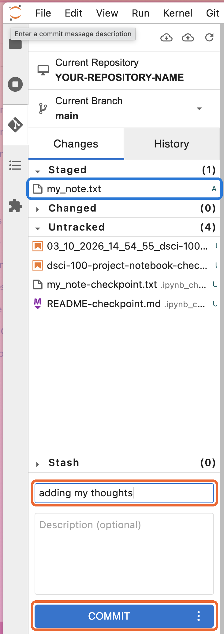 The Git tab with my_note.txt under Staged, the message adding my thoughts, and the Commit button highlighted.